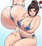  1girl arm_under_breasts ass ass_focus bikini blue_bikini blush breasts brown_eyes brown_hair cleavage collarbone dracksart from_behind gradient_background hair_bun hair_ornament hair_stick hand_on_own_thigh highres large_breasts lips mei_(overwatch) multiple_views navel orange_eyes overwatch plump shiny_skin sideboob sidelocks simple_background single_hair_bun smile stomach sweat swept_bangs swimsuit thick_thighs thighs wet 