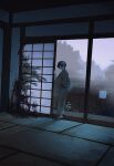  084oishi 1girl architecture bare_shoulders black_hair blood blood_stain east_asian_architecture fence full_body ghost_hands highres horror_(theme) indoors japanese_clothes kimono looking_at_viewer looking_back obi original sash short_hair sliding_doors solo tatami tree veranda 