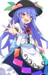  1girl :d black_headwear blue_hair bow bowtie commentary_request e.o. fang food fruit hat highres hinanawi_tenshi long_hair looking_at_viewer peach red_bow red_bowtie short_sleeves simple_background smile solo touhou white_background 
