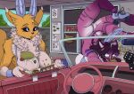  2023 anthro bandai_namco big_breasts black_sclera blue_eyes bra breasts building burger butt canid canine car clothed clothing convertible cuffs_(clothing) digimon digimon_(species) duo fake_ears female food fox fries hair inner_ear_fluff mammal neck_tuft nipples panties purple_hair renamon roller_skates shoulder_tuft skimpy tuft underwear vehicle yawg 