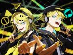  1boy 1girl aqua_eyes backwards_hat blonde_hair blurry blurry_background caution_tape chain-link_fence choker depth_of_field fence hair_ornament hairpin hat headphones highres holding holding_microphone hood hoodie kagamine_len kagamine_rin low_ponytail medium_hair microphone nail_polish open_mouth ratte_(cf) rettou_joutou_(vocaloid) road_sign sailor_collar sign stop_sign vocaloid yellow_nails 