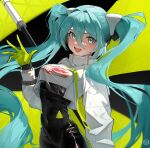  1girl absurdly_long_hair aqua_eyes aqua_hair black_bodysuit bodysuit breasts covered_navel cowboy_shot crop_top crop_top_overhang cropped_jacket flag flagpole flame_print floating_hair gloves goodsmile_company goodsmile_racing green_flag green_gloves hair_between_eyes hair_intakes hatsune_miku high_collar highres holding holding_pole jacket long_bangs long_hair long_sleeves looking_at_viewer matsuo_ringo open_mouth pole race_queen racing_miku racing_miku_(2022) shiny_clothes smile smiley_face solo text_print twintails two-tone_gloves very_long_hair vocaloid waving wavy_hair white_jacket 