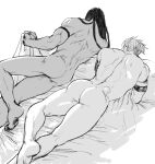  2boys achilles_(fate) armband ass bara bed borrowed_character completely_nude fate/grand_order fate_(series) feet kitano_gori long_hair looking_at_another lying male_focus multiple_boys muscular muscular_male nude on_bed on_side on_stomach short_hair thick_thighs thighs yaoi 