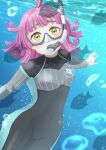  1girl ahoge air_bubble black_wetsuit blunt_bangs bodysuit breasts bubble commentary_request covered_navel diving_suit fish highres long_sleeves looking_at_viewer love_live! love_live!_nijigasaki_high_school_idol_club ocean pink_hair pukonuu short_hair sidelocks small_breasts snorkel_in_mouth snorkel_mask solo tennouji_rina thighs underwater wetsuit yellow_eyes 