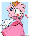  1girl amy_rose animal_ears animal_nose blue_background border brooch candycatstuffs commentary cosplay crown dress earrings elbow_gloves english_commentary fang furry furry_female gloves green_eyes heart highres jewelry looking_at_viewer mario_(series) open_mouth outside_border pink_dress princess_peach princess_peach_(cosplay) puffy_short_sleeves puffy_sleeves short_sleeves signature simple_background sketch smile solo sonic_(series) standing white_border white_gloves 