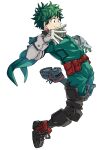  1boy absurdres belt belt_pouch bodysuit boku_no_hero_academia bright_pupils closed_mouth commentary curly_hair freckles from_side full_body gloves green_bodysuit green_eyes green_gloves green_hair hands_up highres kobaji leaning_back leg_up looking_ahead male_focus midair midoriya_izuku outstretched_arms pouch profile red_belt shoe_soles short_hair simple_background smile snap-fit_buckle solo utility_belt white_background white_gloves white_pupils 