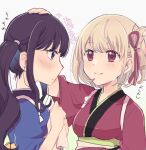  2girls black_hair blonde_hair blue_kimono blush breasts closed_mouth commentary_request hair_ribbon headpat highres inoue_takina japanese_clothes kimono long_hair looking_at_another lycoris_recoil medium_breasts multiple_girls nape nishikigi_chisato obi official_alternate_costume one_side_up profile purple_eyes red_eyes red_kimono red_ribbon ribbon sango_(sango3_3) sash short_hair sidelocks simple_background smile translation_request twintails white_background wide_sleeves yuri 