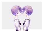  2others absurdres amethyst_(houseki_no_kuni) androgynous blue_background braid commentary_request diffraction_spikes expressionless gem_uniform_(houseki_no_kuni) highres houseki_no_kuni jitome looking_at_viewer mirin. multiple_others necktie other_focus purple_eyes purple_hair short_hair siblings smile sparkle twins 