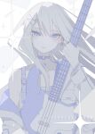  1girl bass_guitar blue_choker blue_eyes choker earrings electric_guitar expressionless grey_hair guitar hair_between_eyes highres instrument jewelry long_hair long_sleeves looking_at_viewer midou_0r original pale_skin ring sparkle_background upper_body very_long_hair white_hair 