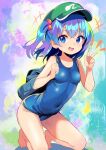  1girl bare_arms bare_legs bare_shoulders barefoot blue_eyes blue_hair blue_one-piece_swimsuit collarbone flat_cap green_headwear hair_bobbles hair_ornament harakune_(mugennero) hat highres kawashiro_nitori medium_hair one-piece_swimsuit open_mouth school_swimsuit smile solo swimsuit touhou two_side_up v 