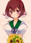  1girl blush brown_eyes brown_hair crescent dated flower gradient_background gradient_hair green_sailor_collar highres insuto kantai_collection looking_at_viewer multicolored_hair mutsuki_(kancolle) neckerchief red_hair sailor_collar school_uniform serafuku short_hair short_sleeves smile solo sunflower twitter_username yellow_background 