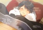  1boy 2022 black_hair blanket blush brown_background dated dog lying male_focus multicolored_background nanaura_narina open_mouth original pillow pomeranian_(dog) timestamp twitter_username under_covers yellow_background 