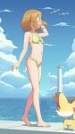  1girl :d absurdres alternate_costume barefoot bikini blonde_hair blue_eyes breasts cloud commentary day fennekin full_body green_bikini hair_ornament hairclip hand_up highres navel open_mouth outdoors pokemon pokemon_(anime) pokemon_(creature) pokemon_xy_(anime) scarletsky serena_(pokemon) side-tie_bikini_bottom sky smile sparkle standing swimsuit toes water wingull 