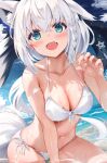  1girl :d absurdres animal_ears blue_eyes breasts claw_pose highres hololive looking_at_viewer shirakami_fubuki smile solo swimsuit tail uechin_ewokaku virtual_youtuber white_hair 