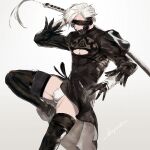  1boy artist_name black_dress blue_eyes boots bulge commentary commentary_request cosplay crossdressing cyborg dress eyepatch high_heel_boots high_heels highres holding holding_sword holding_weapon ikuyoan juliet_sleeves katana leotard long_sleeves male_focus metal_gear_(series) metal_gear_rising:_revengeance nier:automata nier_(series) pectoral_cleavage pectorals platinumgames_inc. puffy_sleeves raiden_(metal_gear) signature solo_focus sword thighs virtuous_contract weapon white_background white_hair white_leotard yorha_no._2_type_b yorha_no._2_type_b_(cosplay) 