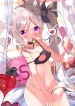  1girl animal_ears bed blue_archive blurry blurry_background breasts cat_ears cat_lingerie cat_tail cleavage collar collarbone commentary_request covering covering_crotch fujiwarahatsune grey_hair heart highres long_hair looking_at_viewer meme_attire mutsuki_(blue_archive) navel panties pillow pointy_ears side_ponytail small_breasts solo spoken_heart tail underwear yes-no_pillow 