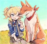  1girl absurdres animal animal_ears blonde_hair blue_eyes blue_sky bow bowtie calenda_(kemono_friends) dog dog_ears dog_tail freckles highres jacket kanmoku-san kemono_friends kemono_friends_3 one_eye_closed pantyhose ribbon scarf shirt short_hair short_twintails skirt sky smile tail twintails 