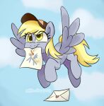 aanotherpony blonde_hair blonde_mane clothing cutie_mark derp_eyes derpy_hooves_(mlp) equid equine feathered_wings feathers female feral flying friendship_is_magic fur grey_body grey_feathers grey_fur hair hasbro hat headgear headwear hi_res letter mammal mane mouth_hold my_little_pony paper pegasus signature sky solo spread_wings tail wings yellow_eyes yellow_tail 