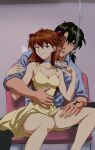  1boy 1girl amondetauro artist_name blue_choker breasts choker cigarette couple dress hair_between_eyes happy hetero highres id_card kaji_ryouji legs neon_genesis_evangelion sitting smile smoking souryuu_asuka_langley spread_legs twitter_username yellow_dress 