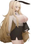  1girl animal_ears black_choker black_skirt blonde_hair blue_eyes breasts choker cleavage closed_mouth covered_nipples high-waist_skirt highres holding huge_breasts long_hair long_sleeves original pencil_skirt pointy_ears profile rabbit_(wlsdnjs950) rabbit_ears see-through shirt shirt_tucked_in side_slit simple_background skirt solo very_long_hair white_background white_shirt 