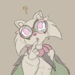  anthro breasts chamma_retsuden confusion covered_breasts emote eyewear eyewear_on_head fan_character female generation_9_pokemon glasses glasses_on_head head_tilt hi_res humanoid meowscarada nintendo pink_eyes pokemon pokemon_(species) question_mark solo 