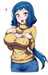  1girl :o absurdres aqua_eyes batta_16-sei blue_hair blue_pants breasts cleavage cleavage_cutout clothing_cutout commentary covered_nipples cowboy_shot denim gundam gundam_build_fighters hands_on_own_chest heart highres iori_rinko jeans large_breasts long_hair long_sleeves looking_at_viewer low_ponytail mature_female open_mouth pants parted_bangs ribbed_sweater signature simple_background solo standing sweater turtleneck turtleneck_sweater white_background yellow_sweater 