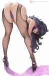  1girl absurdres alva_(artofalva) arched_back ass bags_under_eyes black_thighhighs breasts curvy fishnet_pantyhose fishnets flexible gothic hairband half-closed_eyes hex_maniac_(pokemon) high_heels highres huge_ass huge_breasts long_hair looking_at_viewer looking_back messy_hair pantyhose patreon_logo patreon_username platform_footwear pokemon pokemon_(game) pokemon_xy purple_hairband simple_background solo thighhighs thong top-down_bottom-up underwear wedgie 