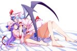  2girls ass barefoot bat_wings bed blue_hair blue_ribbon blunt_bangs blush bow breasts commentary_request dress dress_bow eichi_yuu feet girl_on_top hat hat_ribbon kneeling large_breasts licking_lips light_blue_hair long_hair lying mob_cap multiple_girls on_back parted_lips patchouli_knowledge pink_dress pointy_ears purple_eyes purple_hair red_bow red_eyes red_ribbon remilia_scarlet ribbon robe short_hair short_sleeves simple_background soles striped striped_dress thighs toes tongue tongue_out touhou very_long_hair white_background wide_sleeves wings wrist_cuffs yuri 