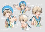  1boy anchor_ornament blonde_hair blue_headwear blue_sailor_collar grey_background hand_up hat heart hug looking_at_viewer male_focus mubo multiple_views original otoko_no_ko pointing pointing_at_viewer ribbon sailor_collar sailor_hat school_uniform serafuku shirt sleeveless smile star_(symbol) thumbs_up upper_body white_shirt yellow_eyes yellow_ribbon 