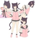  1girl animal_ears ass_cutout black_hair cat_ears clothing_cutout cup e_(eokiba) from_side holding holding_clothes holding_cup holding_shirt looking_at_viewer looking_to_the_side mug multiple_views no_shoes off_shoulder original pink_bloomers pink_socks profile shirt sideways_glance smile socks tail tail_through_clothes 