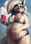  absurd_res akkusky anthro beverage biped black_nose canid canid_demon canine clothing countershade_tail countershading demon female hellhound helluva_boss hi_res loona_(helluva_boss) mammal navel pregnant pregnant_female red_sclera solo swimwear tail 