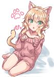  1girl :o animal_ear_fluff animal_ears bare_legs barefoot blonde_hair blush cat_ears cat_tail collarbone commentary_request green_eyes hair_between_eyes hands_up highres idolmaster idolmaster_cinderella_girls long_sleeves looking_at_viewer medium_hair paopao paw_pose paw_print pink_sweater sakurai_momoka sidelocks sitting solo strapless sweater tail thighs wavy_hair white_background 