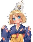  1girl absurdres animal_print bag bagged_fish blonde_hair blue_eyes blue_kimono blush breasts chibi chibi_inset closed_mouth fish fish_print goldfish_print hakama hakama_skirt highres hololive hololive_english japanese_clothes kimono large_breasts obi official_alternate_hairstyle pinching_sleeves print_kimono sash short_hair skirt smol_ame virtual_youtuber w_arms watson_amelia watson_amelia_(4th_costume) whcamellia00 yellow_hakama yellow_skirt 