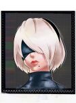  1girl 2b_(nier:automata) artist_name black_blindfold black_border black_hairband blindfold border commentary hairband highres jiggidyjakes mole mole_under_mouth nier:automata nier_(series) pink_lips portrait solo turtleneck white_hair 