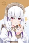  1girl :i braid commentary_request cookie dress fire_emblem fire_emblem:_three_houses fire_emblem_heroes food hair_ribbon highres holding holding_cookie holding_food juliet_sleeves komurice long_hair long_sleeves looking_at_viewer lysithea_von_ordelia maid maid_headdress official_alternate_costume pink_eyes puffy_sleeves purple_ribbon ribbon solo twin_braids upper_body very_long_hair white_dress white_hair 