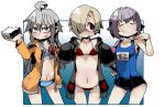  3girls :3 ahoge ayame_(0419) bikini bikini_day black_jacket blonde_hair blue_background blue_bikini blue_one-piece_swimsuit blush border bow breasts closed_eyes collarbone commentary_request cowboy_shot drawing gradient_background grey_eyes grey_hair hair_between_eyes hair_bow hair_flaps hair_over_one_eye hand_on_own_hip hand_up hands_up holding holding_brush hoshi_syoko idolmaster idolmaster_cinderella_girls jacket koshimizu_sachiko long_hair long_sleeves looking_at_viewer micro_bikini multiple_girls name_tag navel one-piece_swimsuit orange_jacket parted_lips purple_hair red_bikini red_bow red_eyes school_swimsuit shirasaka_koume short_hair sidelocks sleeves_past_wrists small_breasts smile stomach swimsuit thighs track_jacket white_border 