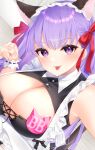  1girl animal_ears bare_shoulders bb_(fate) bb_(fate/extra) blush breasts cat_ears cleavage fate/extra fate/extra_ccc fate/grand_order fate_(series) hair_ribbon highres large_breasts long_hair looking_at_viewer purple_eyes purple_hair red_ribbon ribbon smile solo tongue tongue_out very_long_hair yamamura_umi 