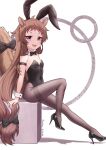  1girl :3 absurdres animal_ears arm_strap artist_name black_bow black_bowtie black_footwear black_leotard black_pantyhose bow bowtie breasts brown_hair commentary covered_navel dated detached_collar english_commentary fake_animal_ears hair_bow high_heels highleg highleg_leotard highres knee_up leotard long_hair low-tied_long_hair open_mouth pantyhose playboy_bunny princess_connect! purple_eyes rabbit_ears rin_(princess_connect!) ruinone sitting small_breasts solo squirrel_ears squirrel_girl squirrel_tail strapless strapless_leotard tail teeth thighband_pantyhose upper_teeth_only v-shaped_eyebrows very_long_hair 