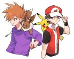  2boys blue_oak brown_eyes brown_hair closed_mouth commentary_request eevee hand_on_headwear hat holding holding_poke_ball jewelry long_sleeves male_focus momotose_(hzuu_xh4) multiple_boys necklace on_shoulder pikachu poke_ball poke_ball_(basic) pokemon pokemon_(creature) pokemon_(game) pokemon_frlg pokemon_on_shoulder purple_shirt red_(pokemon) red_headwear shirt short_hair short_sleeves spiked_hair upper_body white_background wristband 