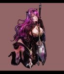  1girl 9wa axe breasts camilla_(fire_emblem) closed_mouth fire_emblem fire_emblem_fates hair_over_one_eye high_heels holding holding_axe kneeling large_breasts leaning_on_weapon long_hair purple_eyes purple_hair tiara 
