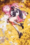  +_+ 1girl ahoge anke_(wuthering_waves) blush bow dress hair_ornament highres long_hair looking_at_viewer low_twintails lying on_side open_mouth pink_hair pink_skirt purple_eyes ribbon skirt socks solo tatatsu thighs twintails white_socks wuthering_waves 