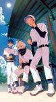  3boys :d absurdres baseball_cap baseball_uniform belt bench black_belt black_hair black_shirt bottle covered_mouth day full_body fushiguro_megumi grey_hair hand_up hat highres holding holding_bottle inumaki_toge itadori_yuuji jujutsu_kaisen long_sleeves male_focus multiple_boys open_mouth outdoors pants pink_hair purple_eyes sebin_13 shirt shoes short_hair sitting smile spiked_hair sportswear standing undercut water_bottle white_footwear white_headwear white_pants white_shirt 