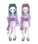  2girls ace_attorney aged_down black_hair blush braid closed_mouth crying crying_with_eyes_open dahlia_hawthorne full_body geta holding_hands iris_(ace_attorney) jacket japanese_clothes jewelry kimono long_hair long_sleeves looking_at_another magatama magatama_necklace matching_hairstyle multiple_girls necklace oyoyo_pe phoenix_wright:_ace_attorney_-_trials_and_tribulations pink_sash purple_jacket red_hair rubbing_eyes sash short_kimono siblings simple_background sisters standing tears twins white_background wiping_tears 