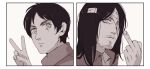  1boy age_comparison bandage_over_one_eye commentary english_commentary eren_yeager facial_hair frown goatee greyscale hanpetos long_hair male_focus middle_finger monochrome mustache shingeki_no_kyojin v 