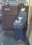  1girl alternate_costume bento black_eyes black_hair blue_kimono full_body hair_flaps houshou_(kancolle) japanese_clothes kantai_collection kimono long_hair looking_to_the_side mihama_machi signature sitting solo train_interior 