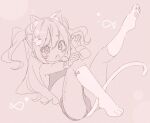  1girl animal_ears bare_shoulders blush body_writing brown_background cat_ears cat_girl cat_tail commentary fang full_body hair_between_eyes hand_on_own_knee hands_up jigatei_(omijin) kneehighs leg_up long_hair looking_at_viewer monochrome no_shoes open_mouth original romaji_text shoe_soles simple_background socks solo symbol-only_commentary tail two_side_up very_long_hair 