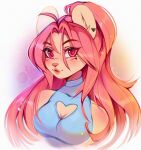  2022 anthro blue_clothing blush breasts cleavage cleavage_cutout clothed clothing eyebrow_through_hair eyebrows facial_blush felid feline female hair hi_res iivochka long_hair looking_at_viewer mammal pink_eyes pink_hair pink_nose ponytail simple_background solo translucent translucent_hair unsigned 