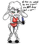  angry anthro black_text blush blush_lines bovid breasts caprine clothing cloven_hooves dawn_bellwether dialogue disney embarrassed female floppy_ears food green_eyes hooves mammal one-piece_swimsuit popsicle red_clothing red_swimwear sheep simple_background solo standing swimwear text unguligrade violetechoes white_background zootopia 