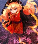  1girl black_dress blonde_hair closed_mouth commentary_request dress headdress junko_(touhou) long_hair looking_at_viewer nagare red_eyes signature solo tabard touhou 