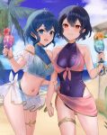  2girls :d beach bikini bikini_skirt black_hair blue_bikini blue_eyes blue_hair bracelet casual_one-piece_swimsuit clenched_teeth collarbone covered_navel cowboy_shot cup day drinking_straw fire_emblem fire_emblem_awakening flower haru_(nakajou-28) highres holding holding_cup jewelry looking_at_viewer medium_hair morgan_(female)_(devoted_darkness)_(fire_emblem) morgan_(female)_(fire_emblem) morgan_(fire_emblem) multiple_girls navel one-piece_swimsuit open_mouth outdoors palm_tree pink_flower purple_one-piece_swimsuit red_eyes see-through see-through_sleeves short_sleeves skirt smile standing summer sweatdrop swimsuit teeth thighlet tree white_skirt 